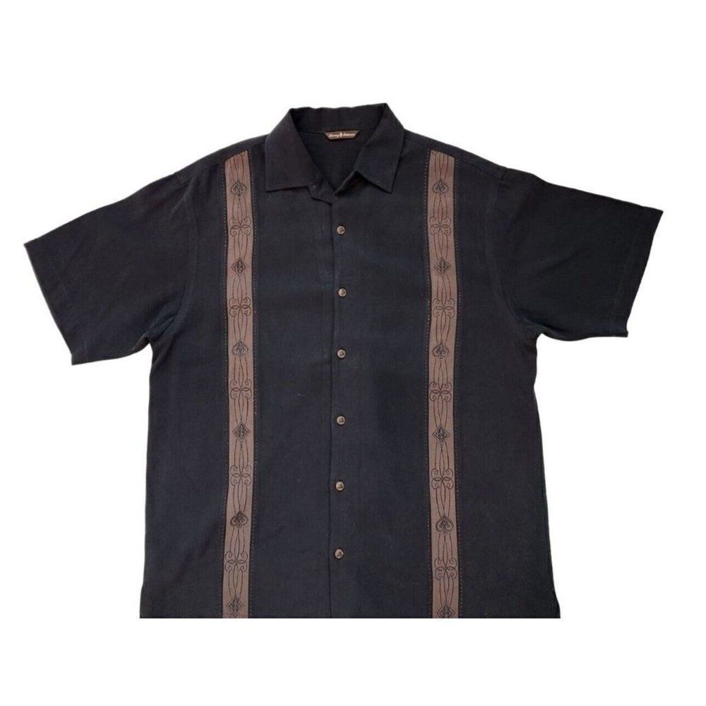 Tommy Bahama Hawaiian Silk Black Short Sleeve Shirt L Retro Rockabilly Tiki Camp